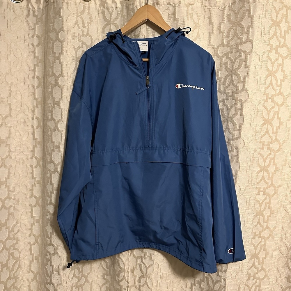 Champion Blue Stadium Packable Jacket, Script Logo Wind & Water-resistant Size L
